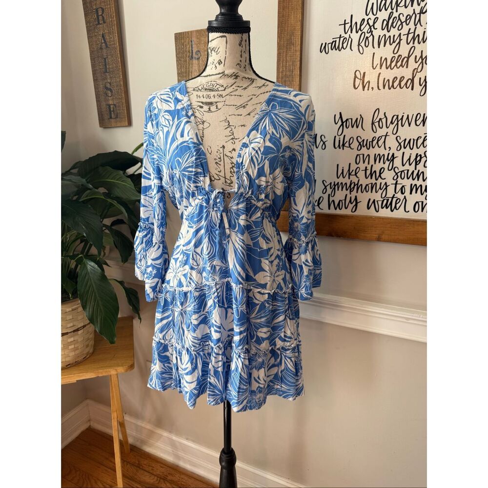 blue island Blue & White Floral Tiered Mini Dress